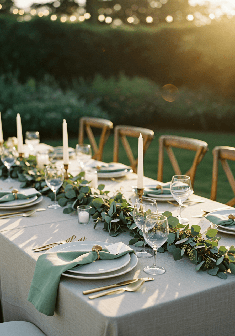 Elegant sage green reception table with gold flatware, eucalyptus garland, and ivory candles in garden venue