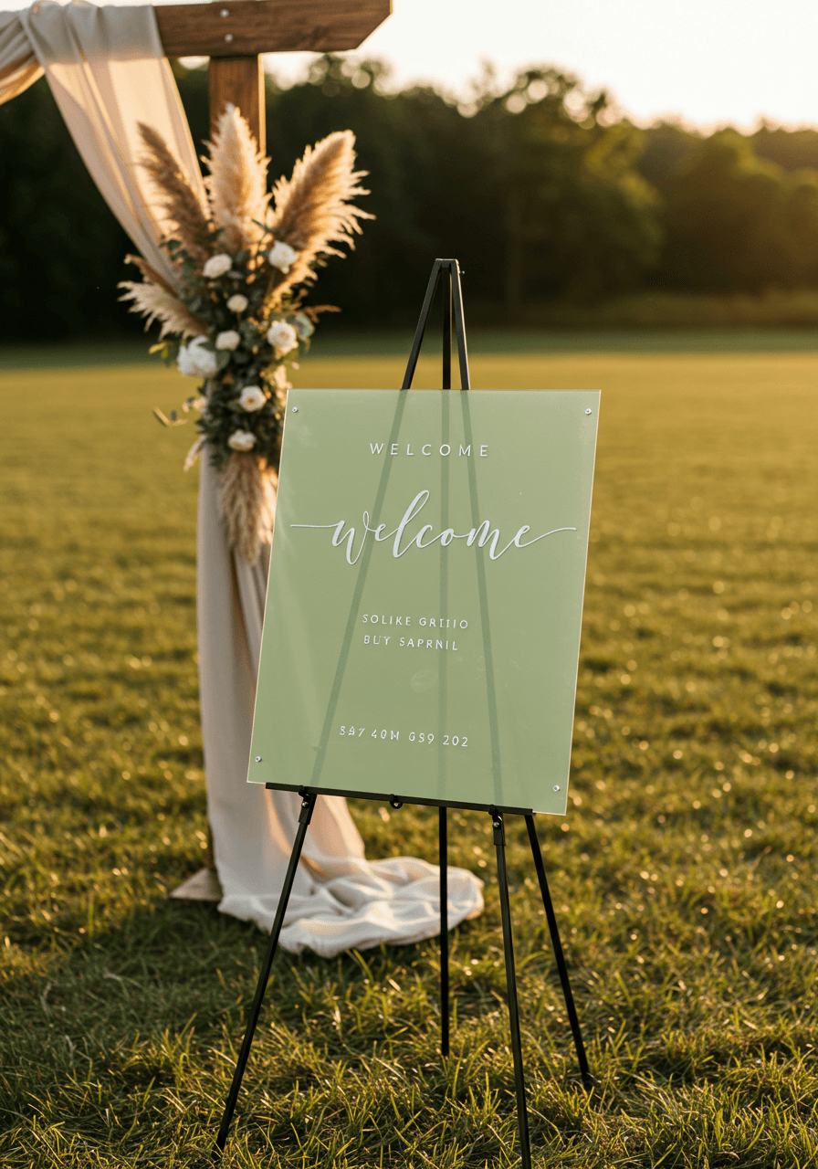 Sage green acrylic welcome sign with white lettering beside wooden ceremony arch in meadow setting