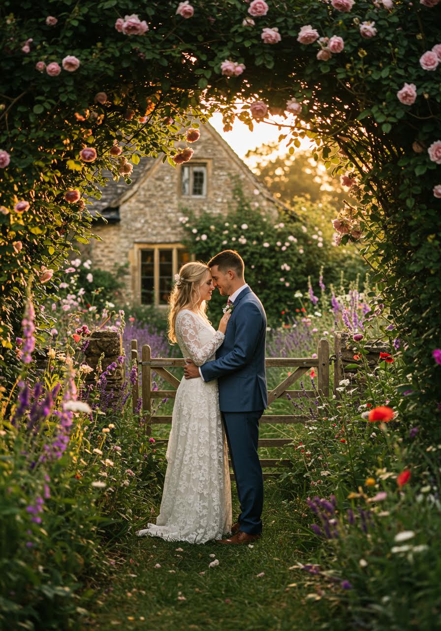 Intimate cottage garden moment with wildflowers and natural setting