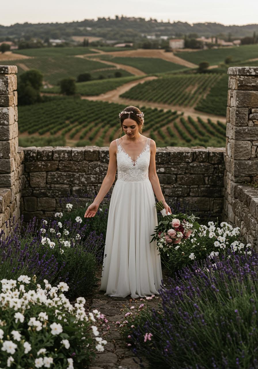 Bohemian bride portrait touching flowering vines in vineyard garden