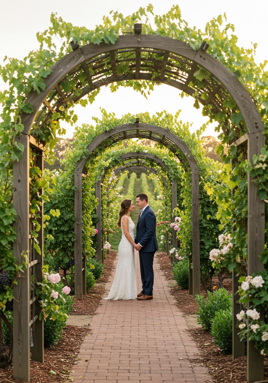 Close intimate moment between couple in vineyard garden setting