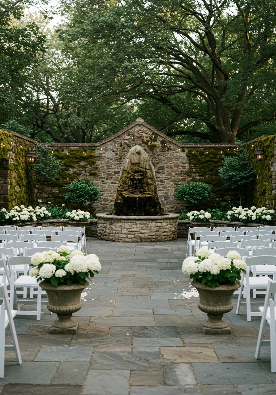 Wide view of elegant stone courtyard venue with natural fountain centerpiece