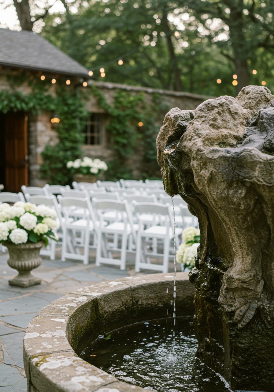 Close-up detail of natural stone fountain in wedding courtyard setting