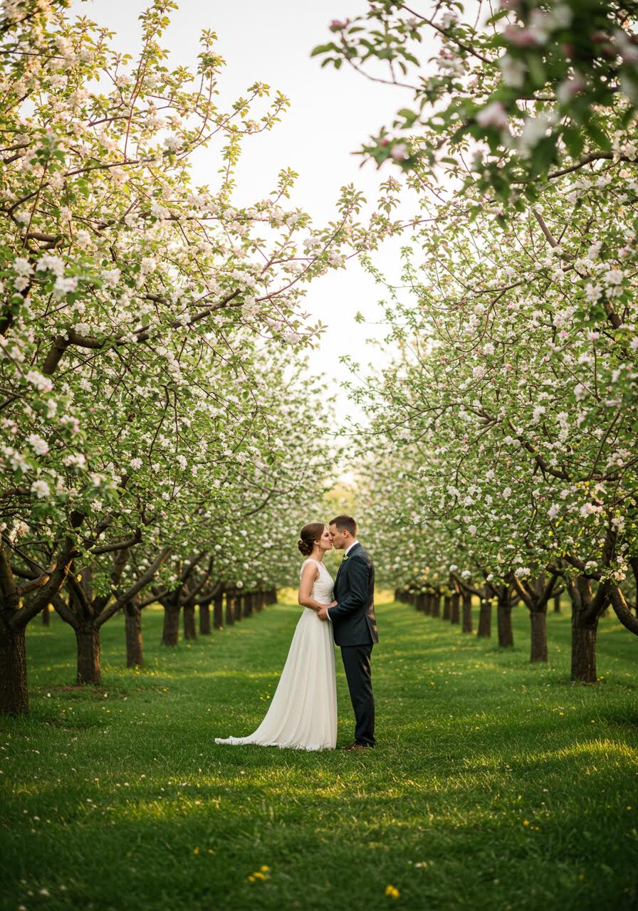 Wedding ceremony taking place in golden apple orchard with vows exchange