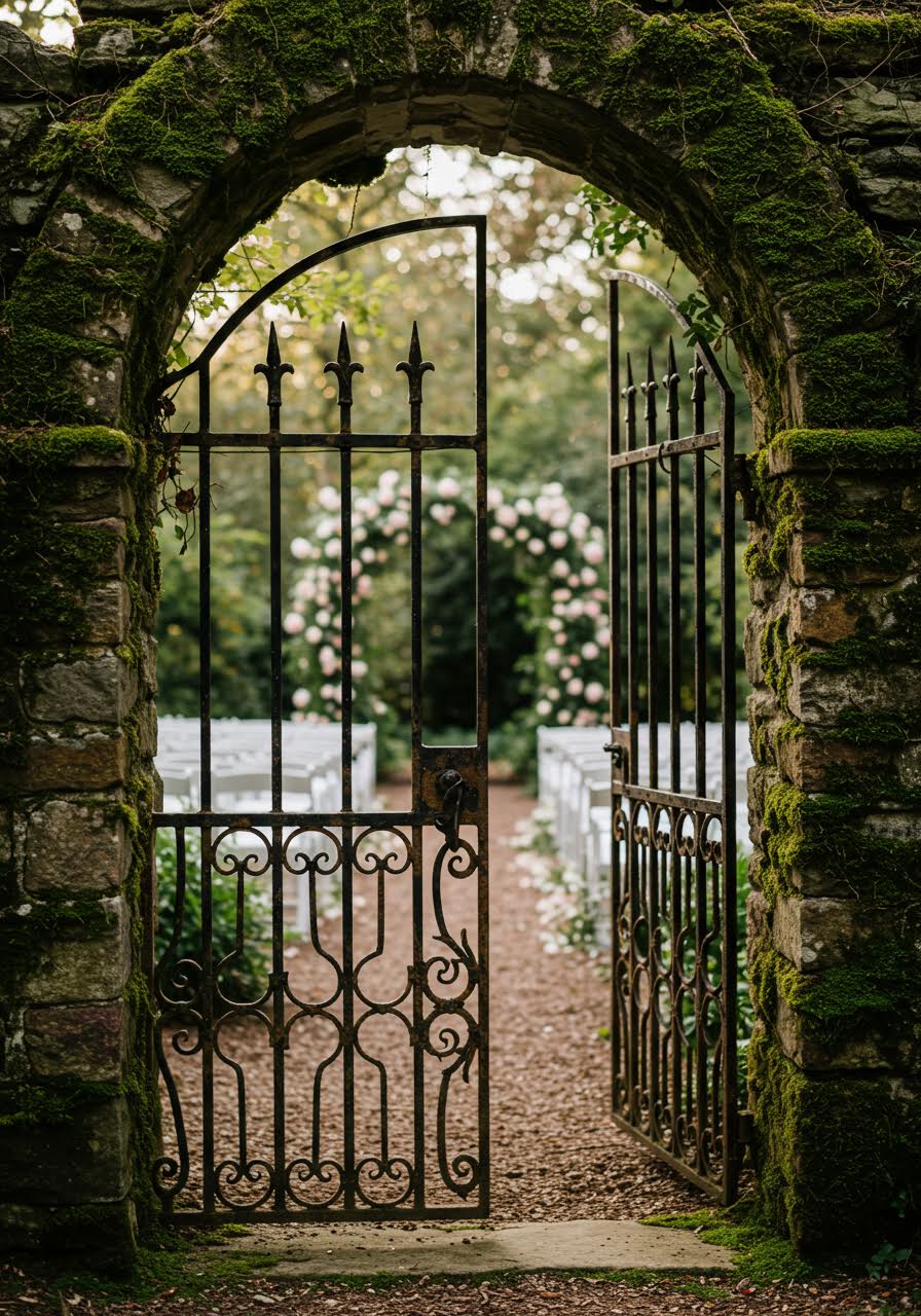 Ancient moss-covered stone archway marking entrance to secret garden