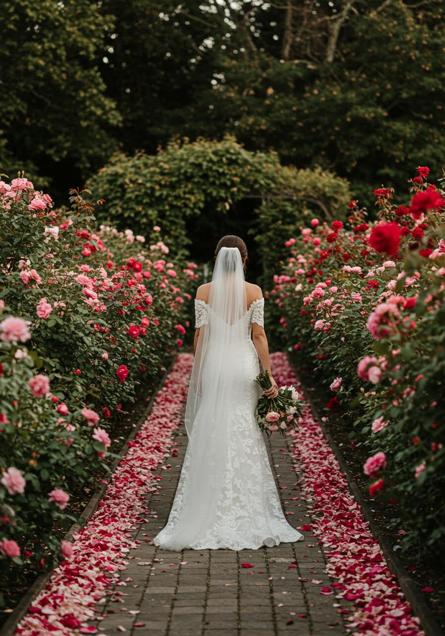 Bride walking along enchanting rose garden pathway surrounded by blooming roses