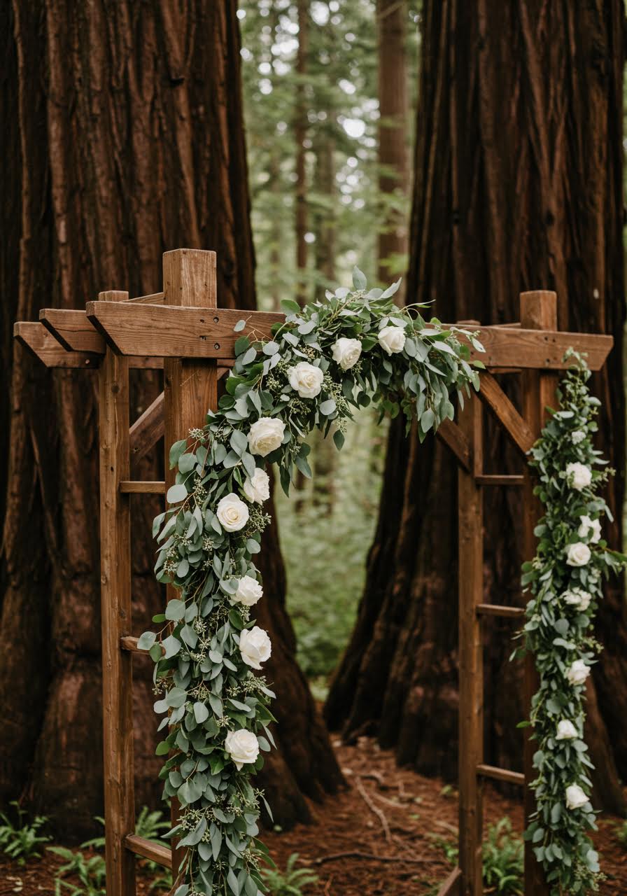 Detail view of rustic wedding arch among towering redwood trees