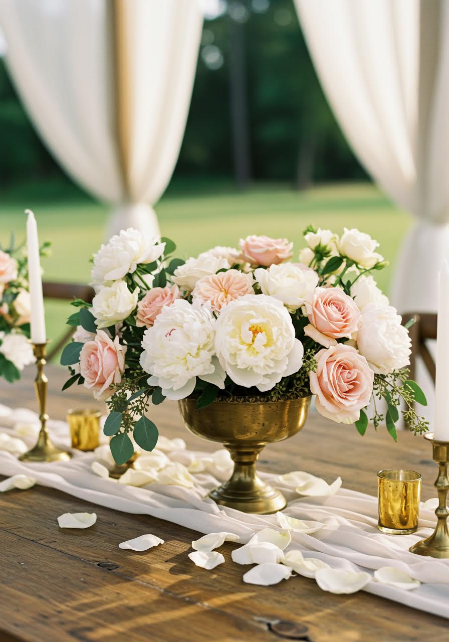Luxurious white peony and blush rose centerpiece in vintage brass compote bowl on rustic table