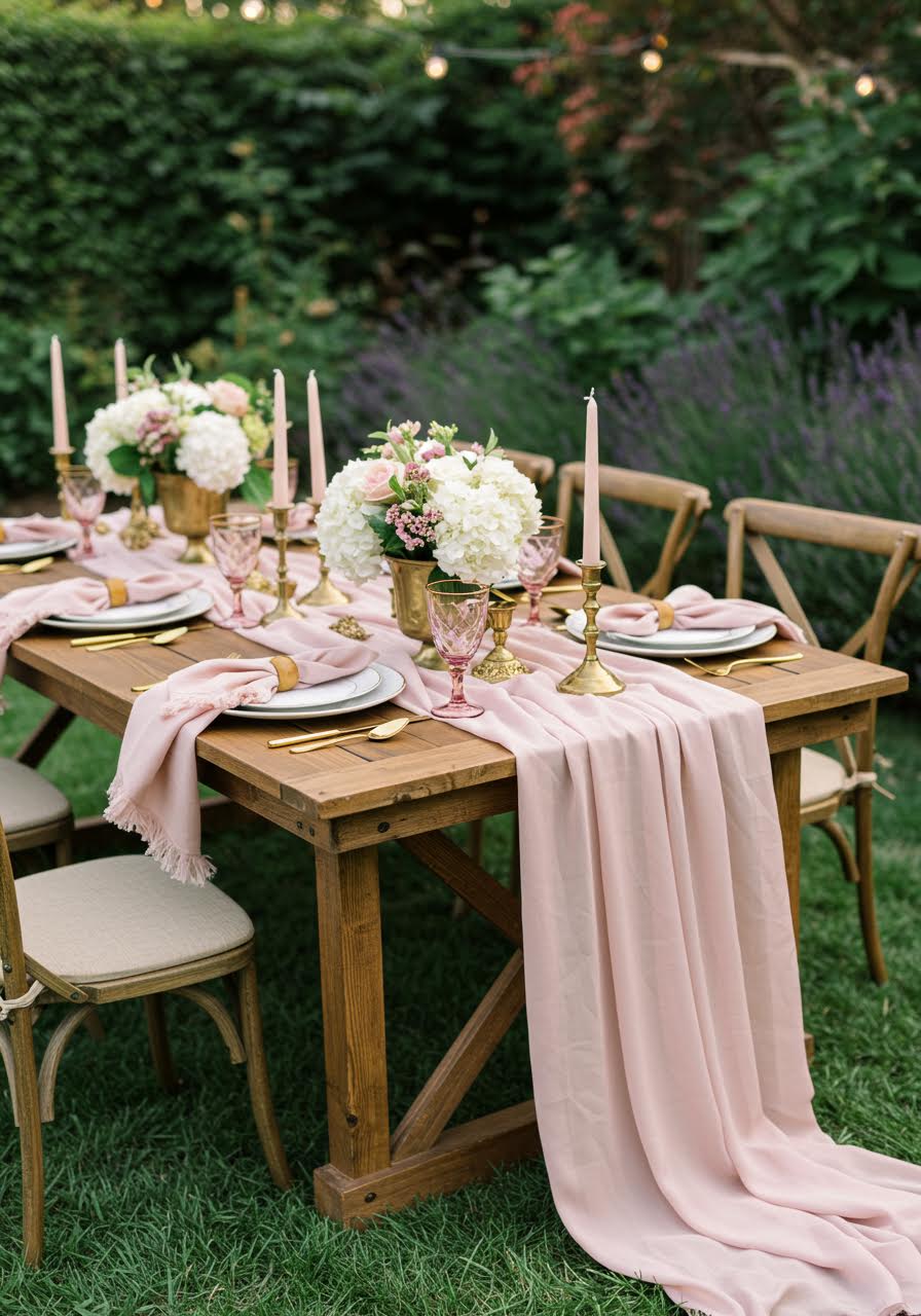 Elegant farmhouse table with flowing pink fabric textures and brass accents during golden hour lighting