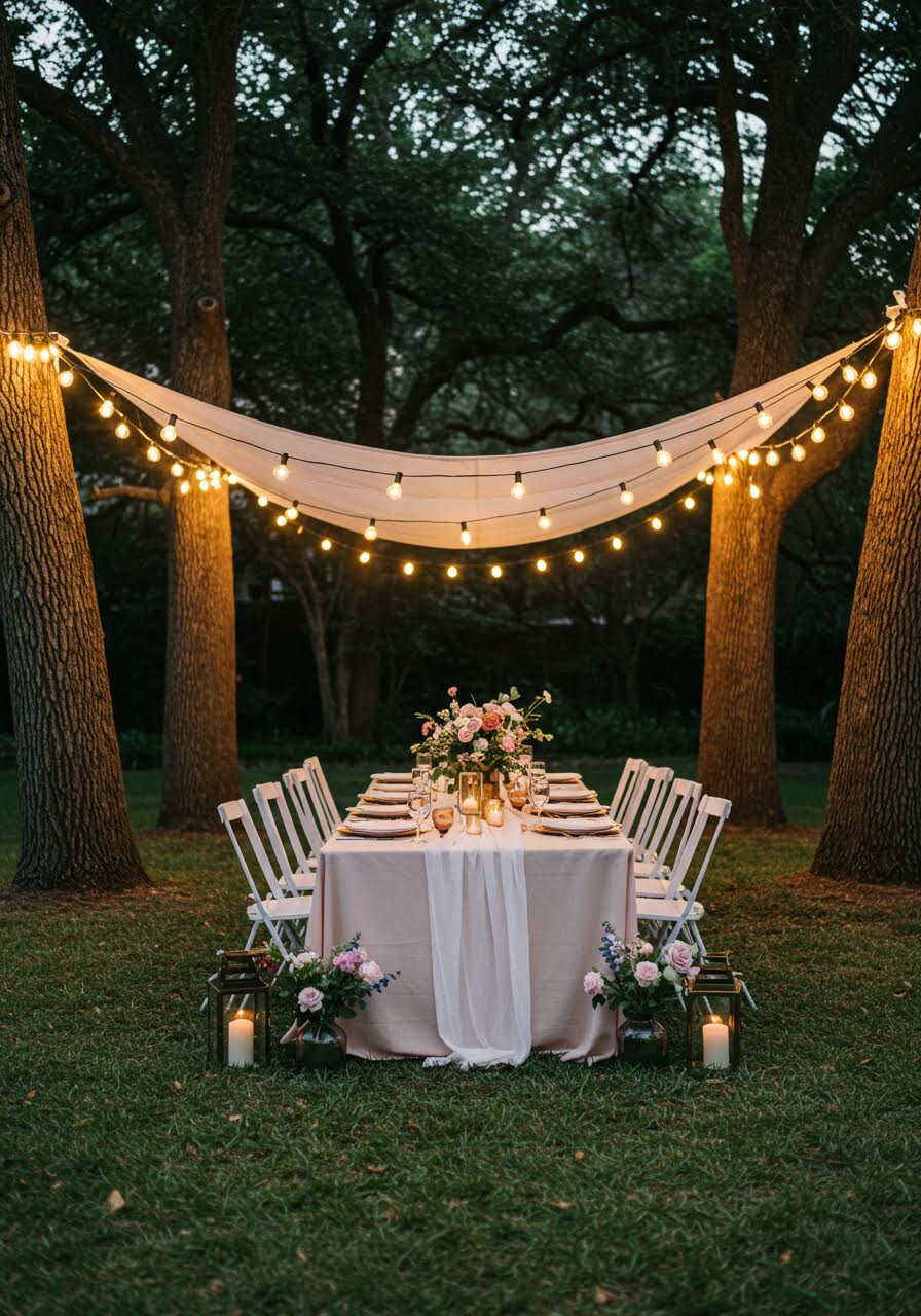 Romantic outdoor bridal shower table with string lights overhead creating magical ambiance during golden hour
