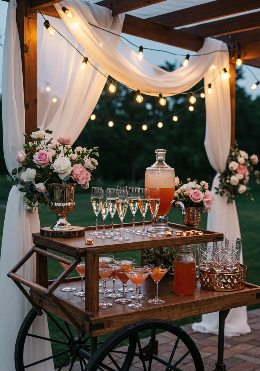 Rustic wooden beverage cart with champagne flutes under pergola with white draping and string lights