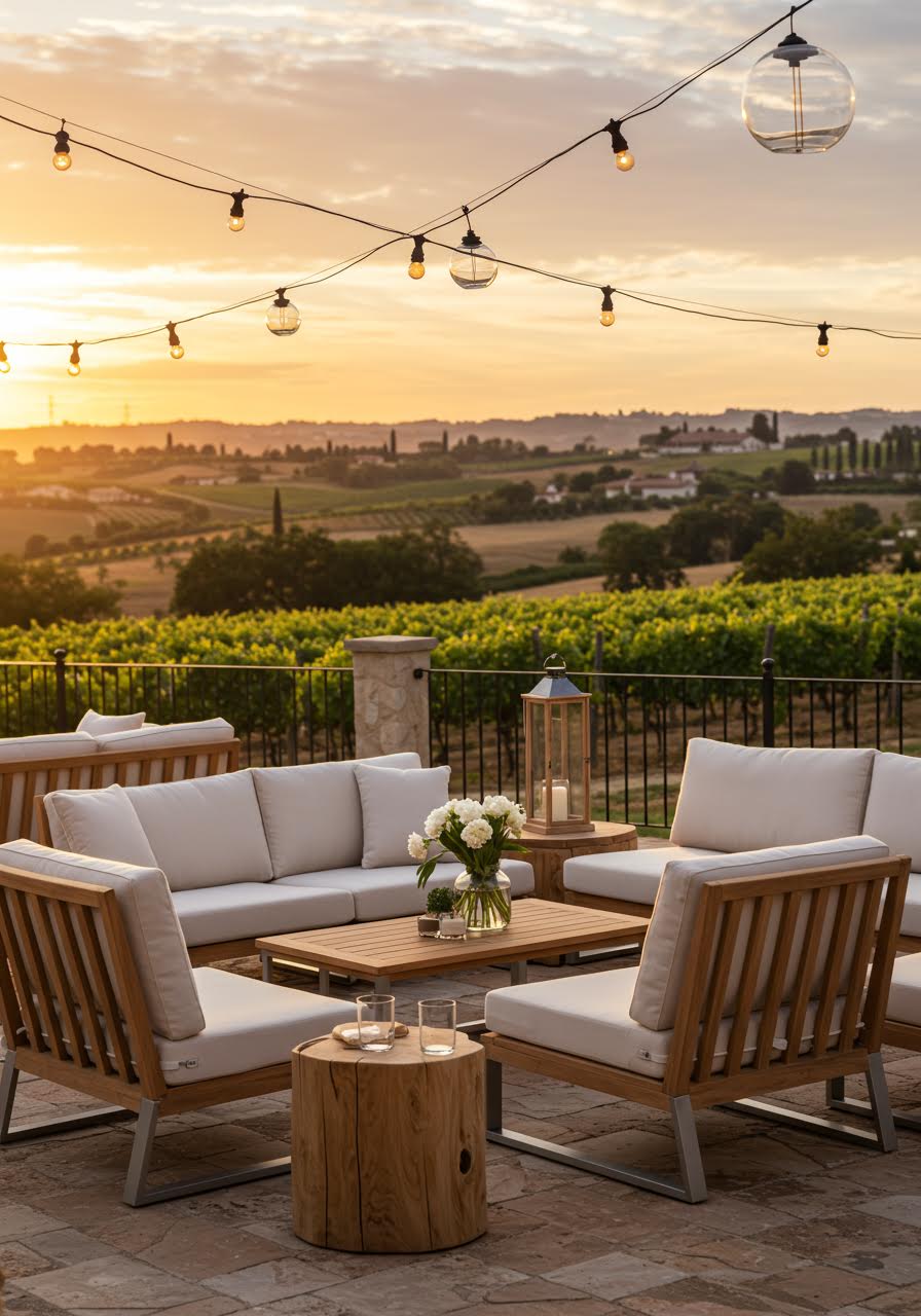 Sophisticated patio furniture with white cushions and glass lanterns creating vineyard ambiance