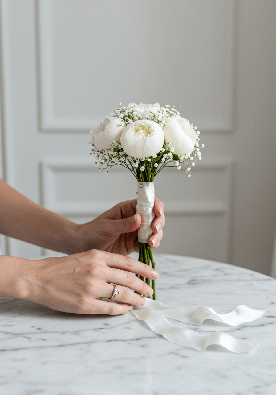 Detail shot of petite peonies and baby's breath bouquet in minimalist bridal suite with soft natural light