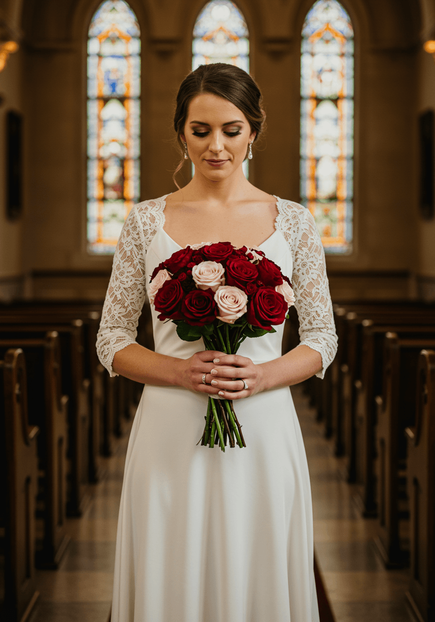 Bride holding compact red and pink rose bouquet in elegant chapel with jewel-toned stained glass windows