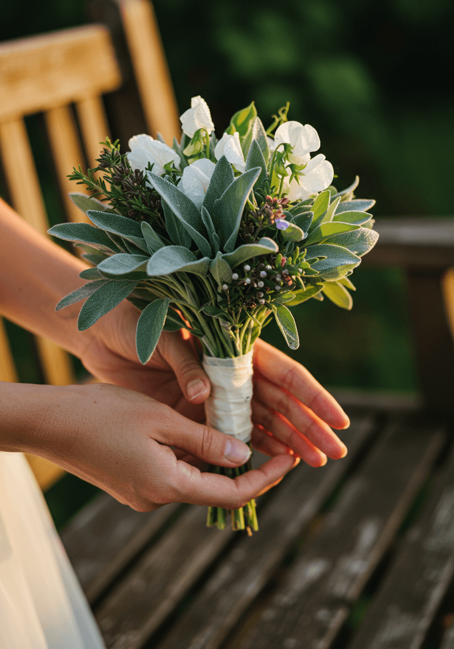 Close-up of hands holding petite sage, eucalyptus and sweet pea bouquet with dewdrops in golden sunrise light
