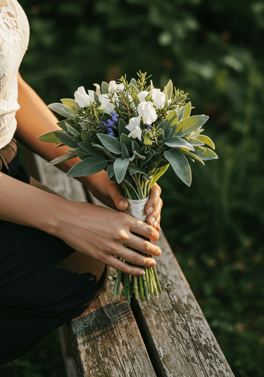 Detail macro shot of herb and flower bouquet with morning dew against weathered garden bench