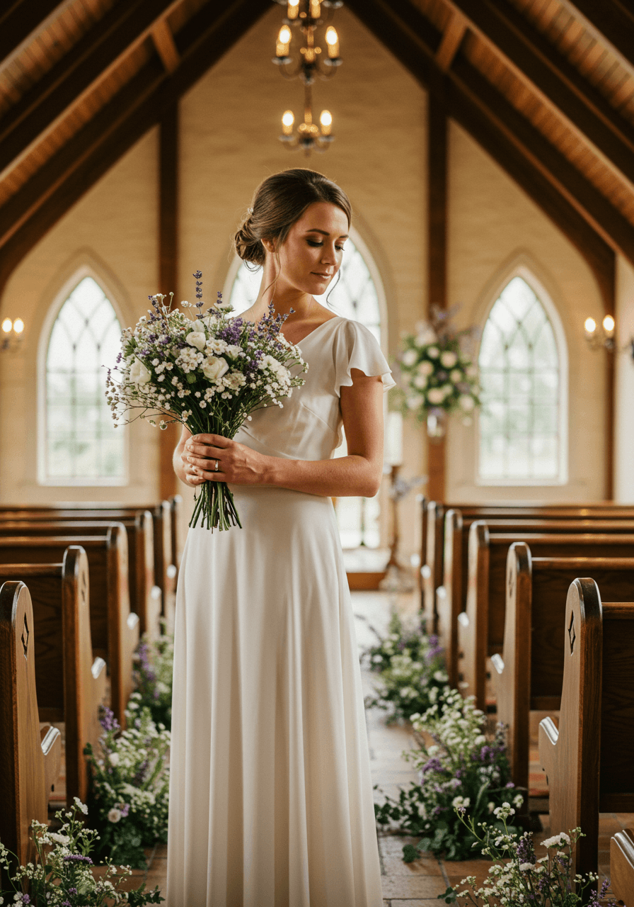 Three-quarter shot of bride holding small wildflower bouquet in rustic chapel with weathered wooden pews