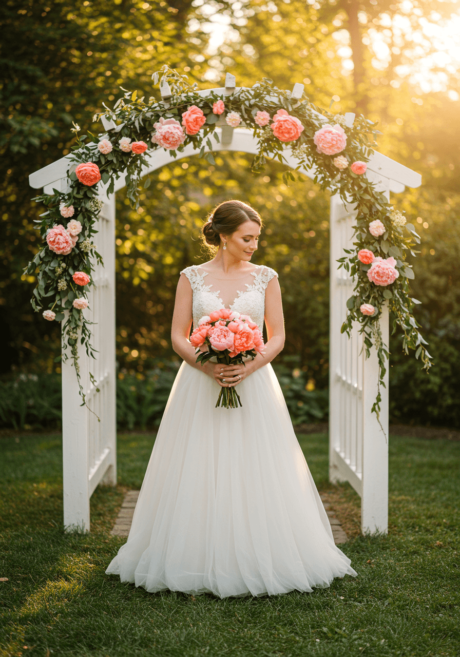 Bride in flowing A-line dress holding petite coral and pink peony bouquet beside white garden arbor during golden hour