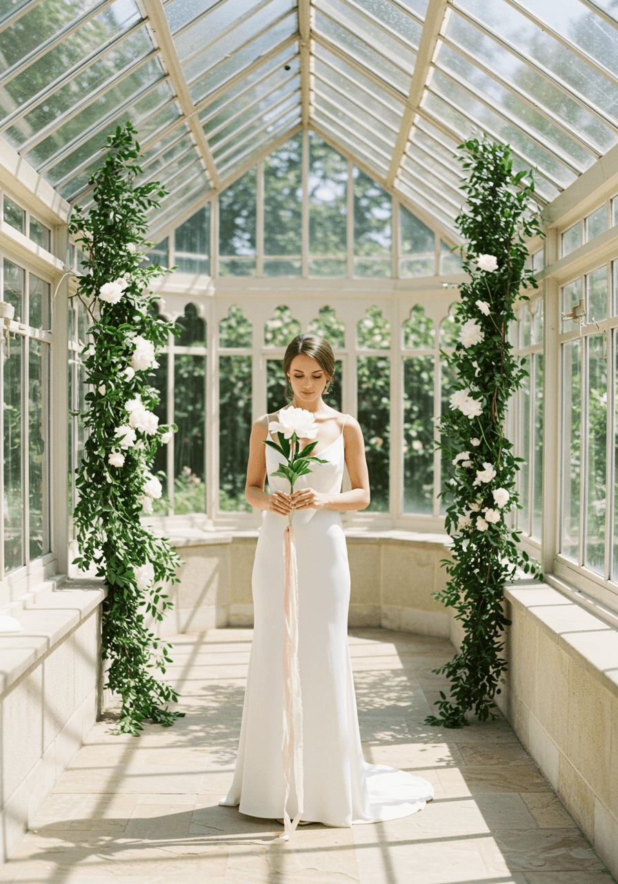 Bride holding single white peony with flowing silk ribbons in sun-drenched garden conservatory