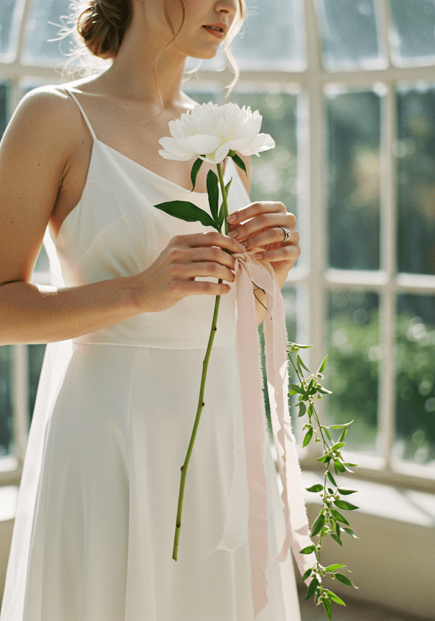 Three-quarter portrait of bride with single peony stem in modern conservatory featuring crystal glass panels