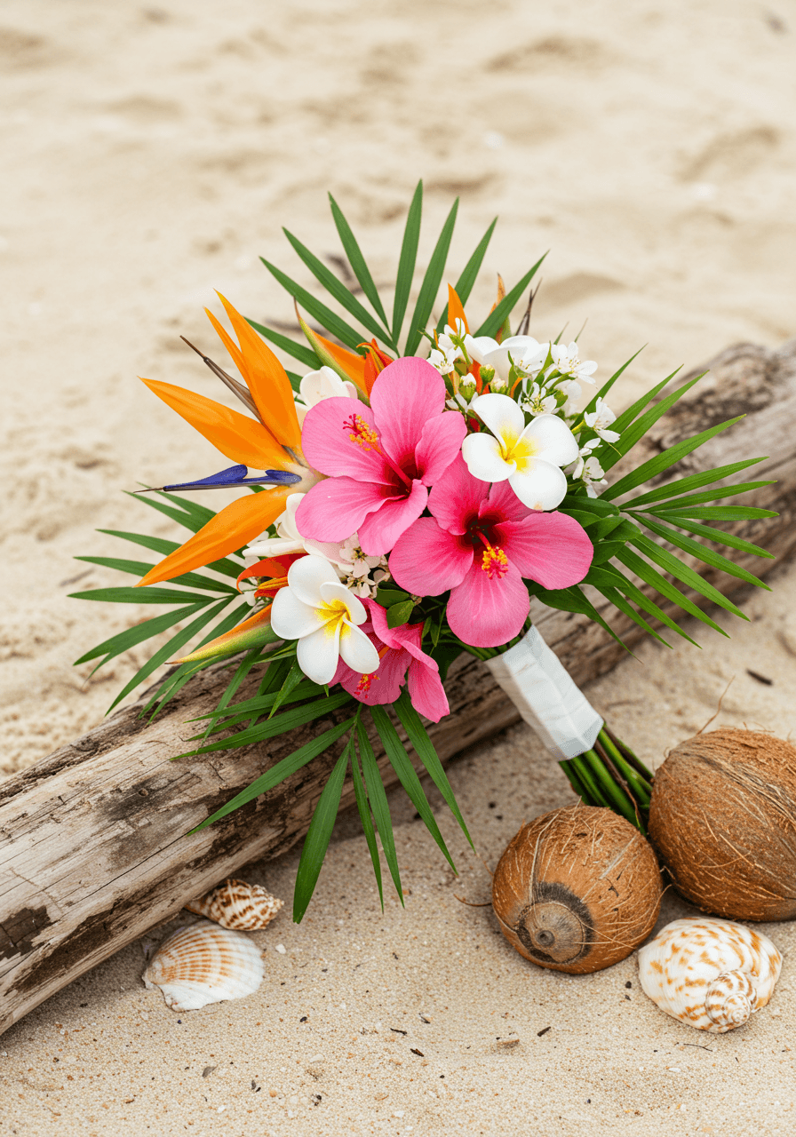 Compact tropical bouquet with orange bird of paradise and pink hibiscus resting on weathered driftwood beside seashells on sandy beach