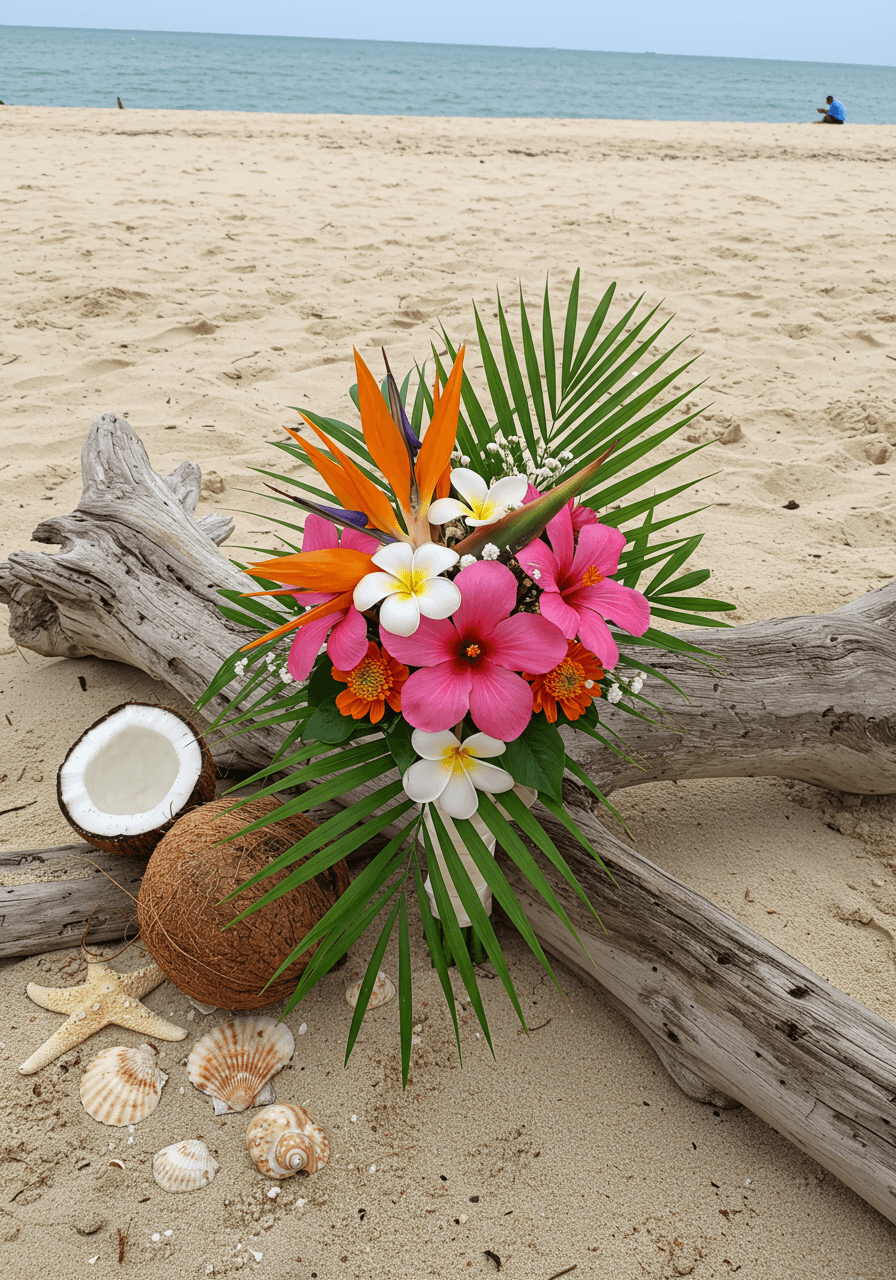 Close-up detail of tropical wedding flowers with coconuts and natural beach elements in bright daylight