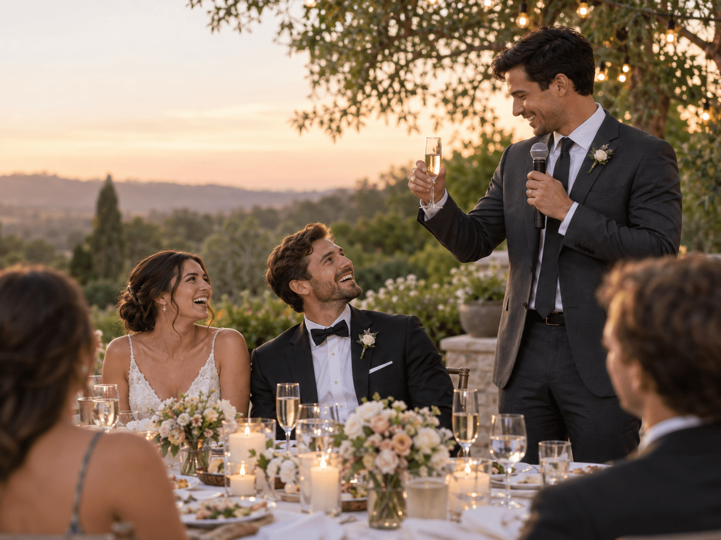 A best man raises a champagne flute and speaks into a microphone while the newlyweds laugh at a garden wedding reception.