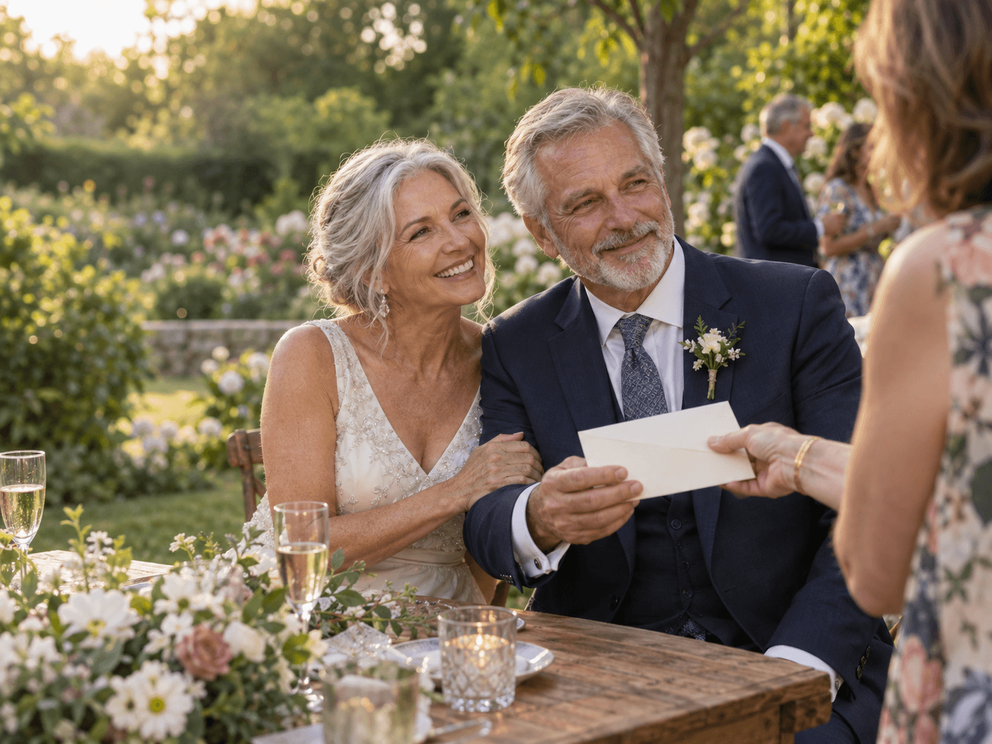 An older newlywed couple smile as a friend hands them a cream envelope at a sunlit garden wedding reception.