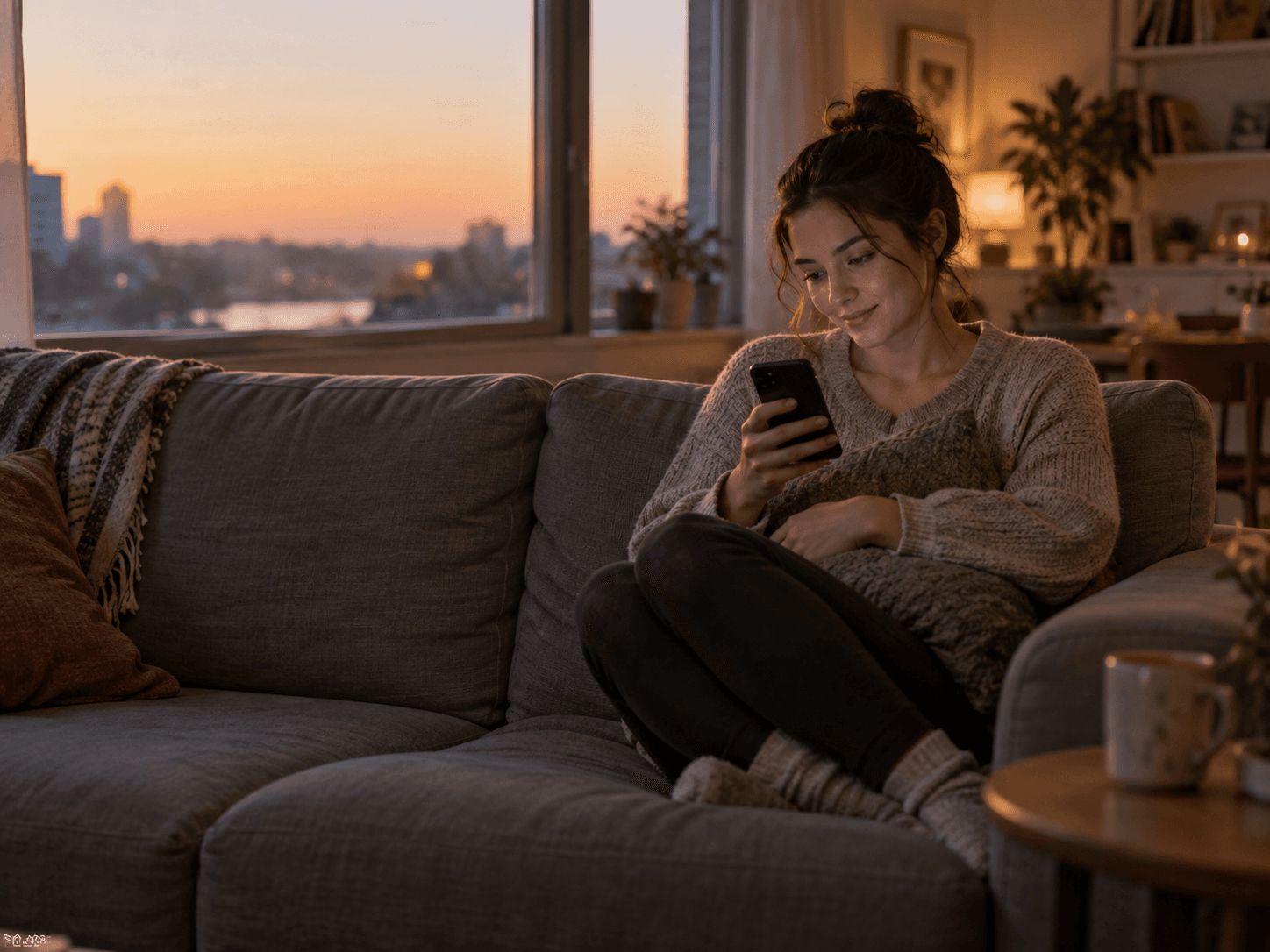 A person sits alone on a sofa at dusk, holding a phone with a wistful smile and an empty seat beside them.