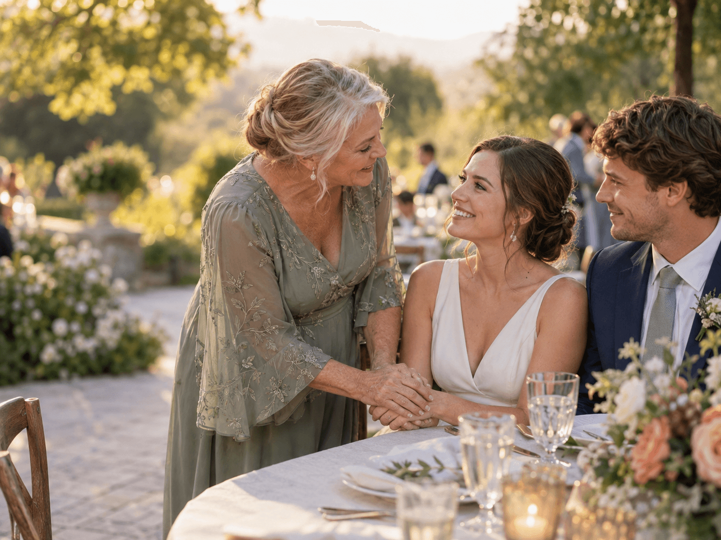 A groom’s mother warmly holds her new daughter-in-law’s hand at an outdoor wedding reception as the groom smiles beside them.