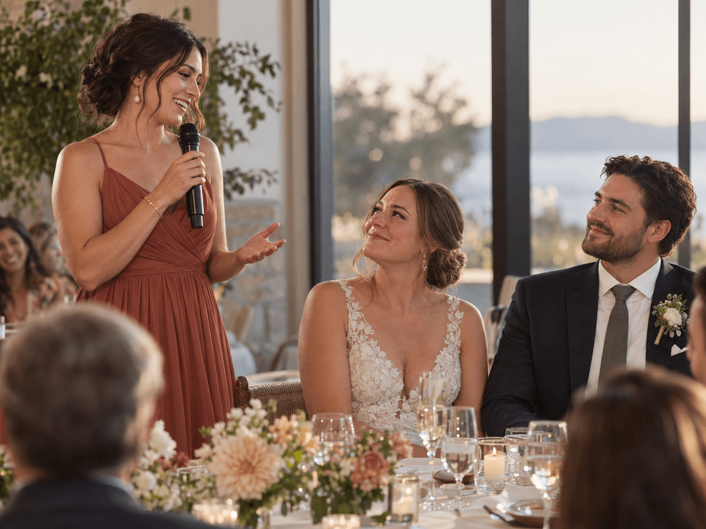 The bride’s sister gives a speech with a microphone while the seated bride and her partner listen warmly at their wedding reception.