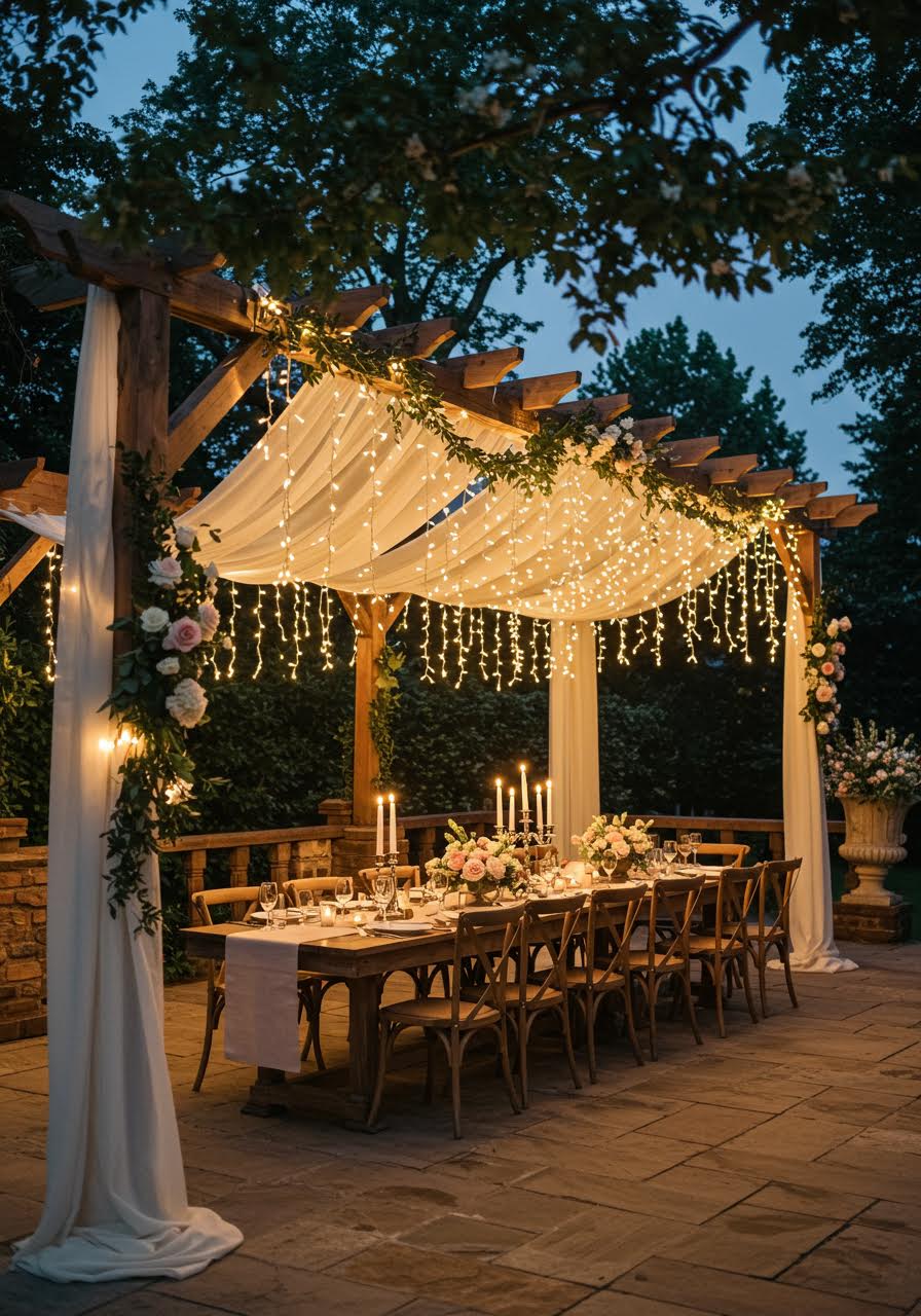 Wooden pergola with fairy light canopy at dusk showcasing intimate dining setup