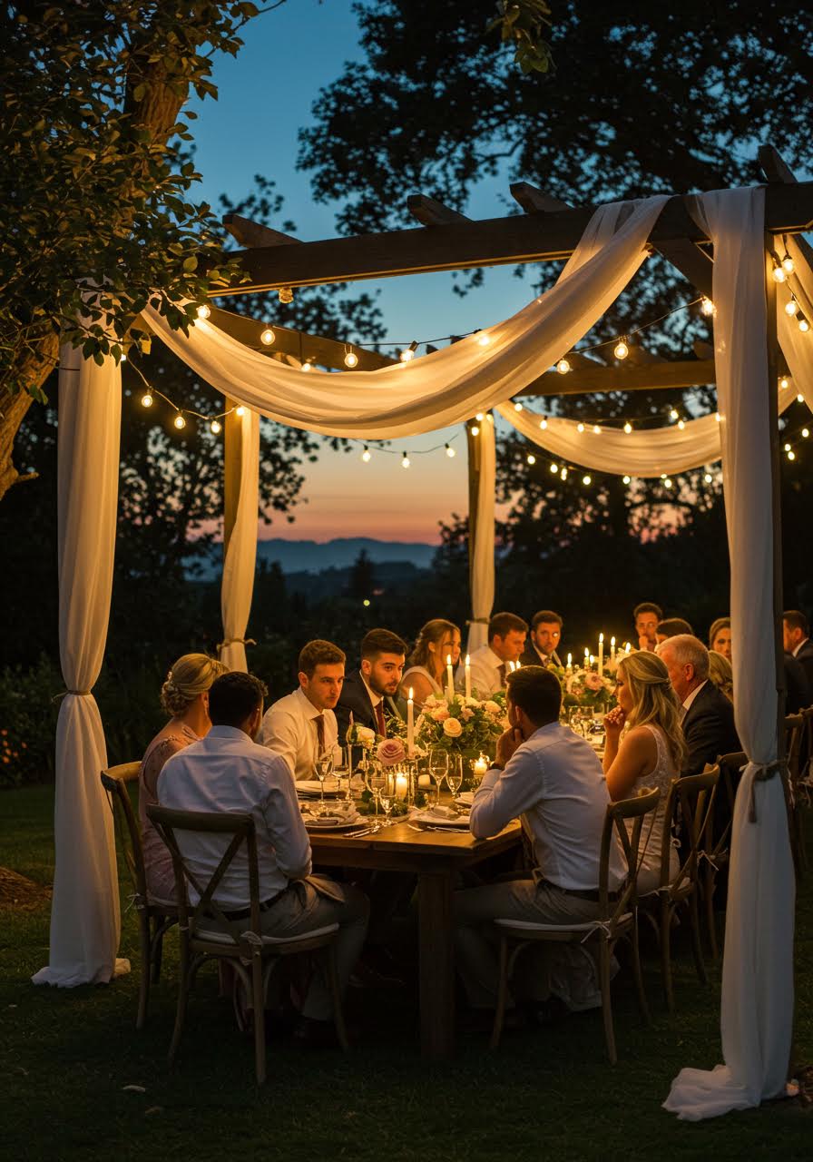Intimate close-up of guests in warm conversation during golden hour reception
