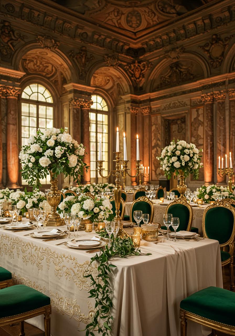 Opulent Baroque palace reception table with gold candelabras and elaborate florals in ornate ballroom