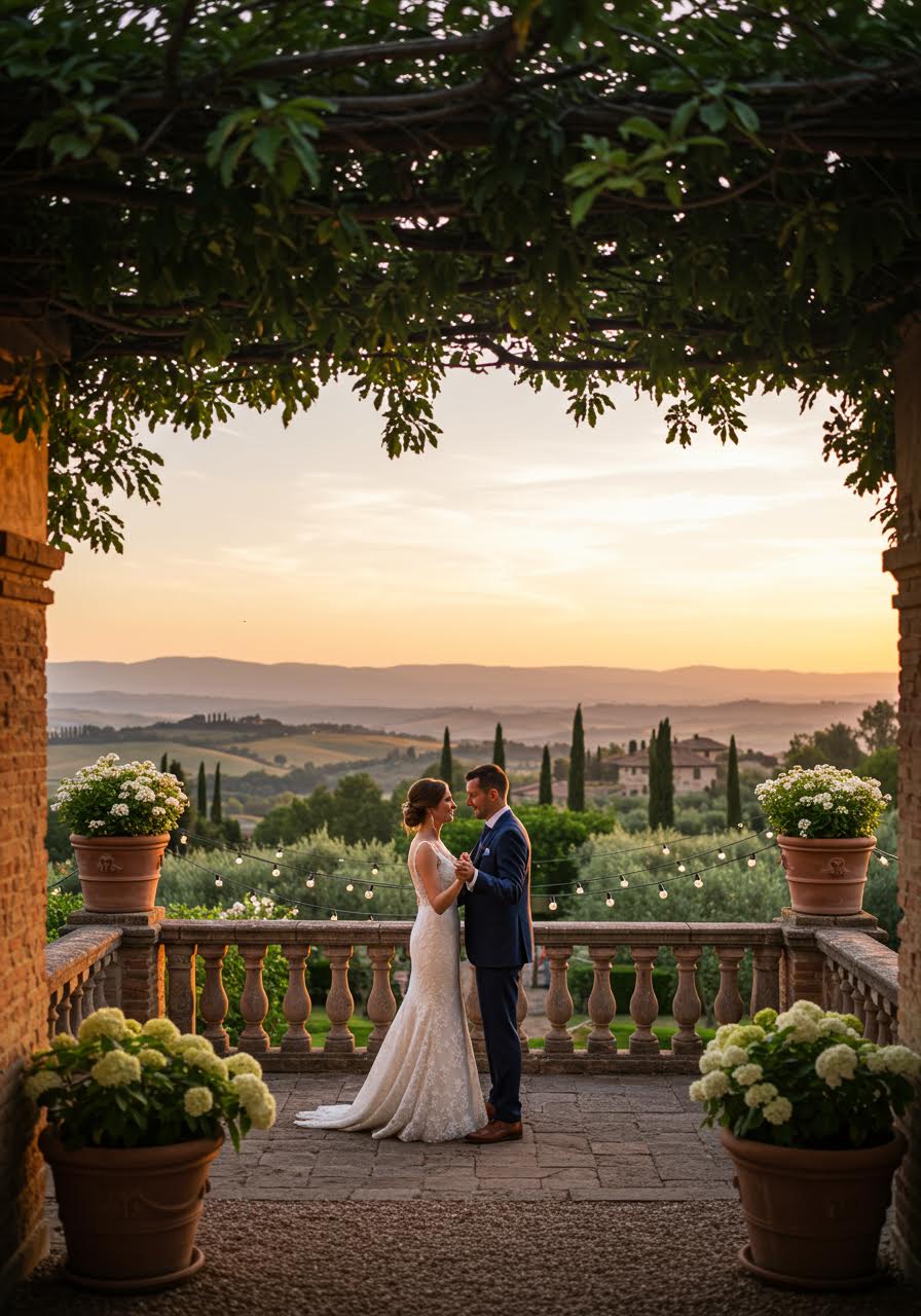 Newlyweds sharing intimate first dance on stone terrace overlooking manicured villa garden with cypress trees at sunset