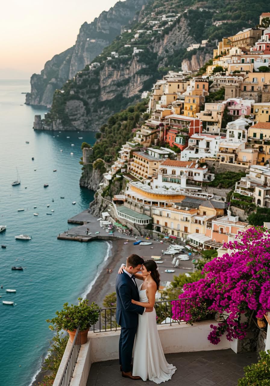 Couple embracing on dramatic clifftop terrace with turquoise Mediterranean Sea and colorful Amalfi buildings