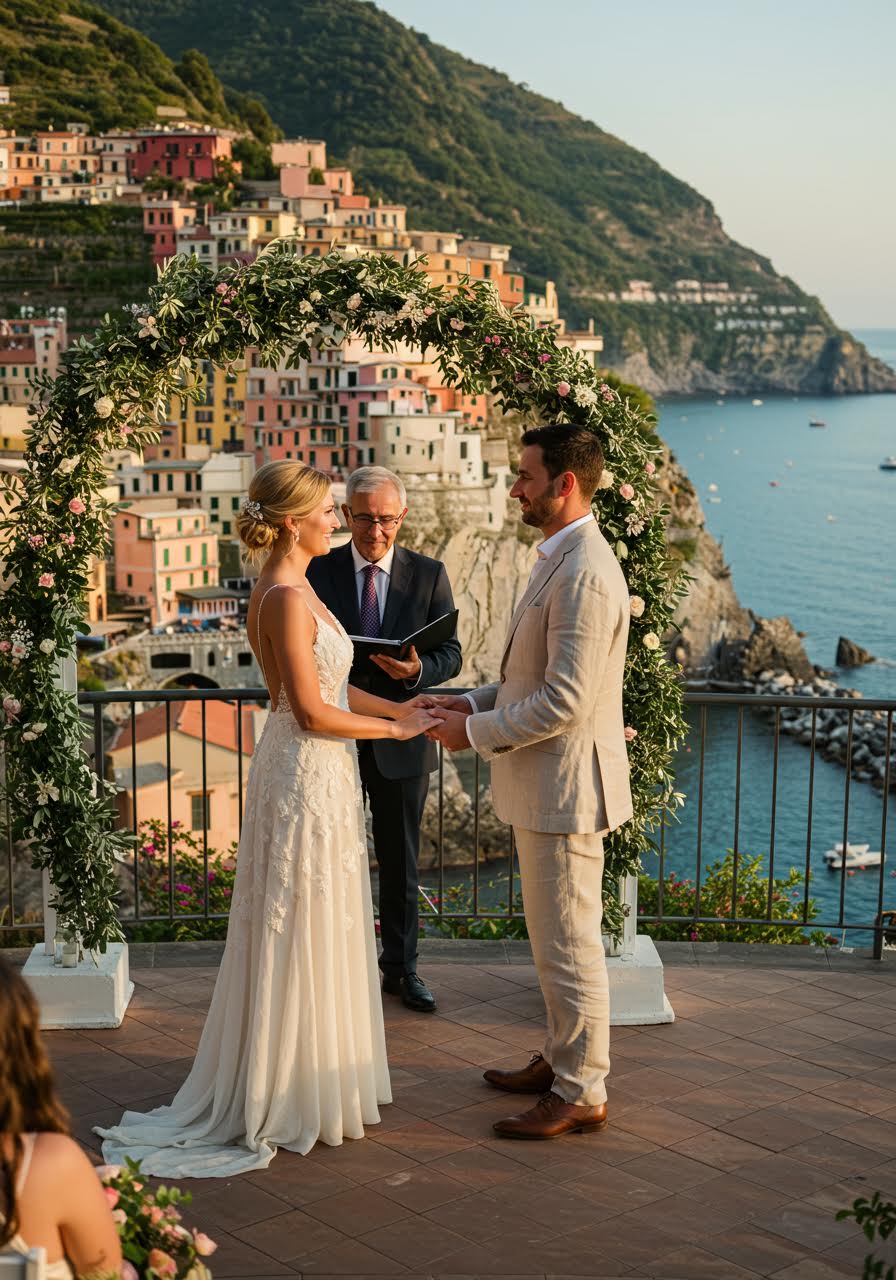 Couple at cliff-top ceremony overlooking Mediterranean with colorful Italian Riviera houses below