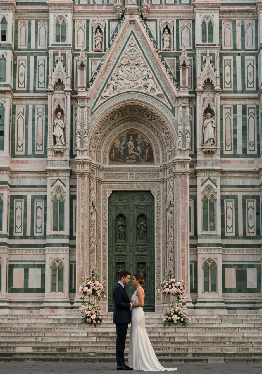 Bride and groom exchanging vows on Florence Cathedral steps with iconic Renaissance marble facade