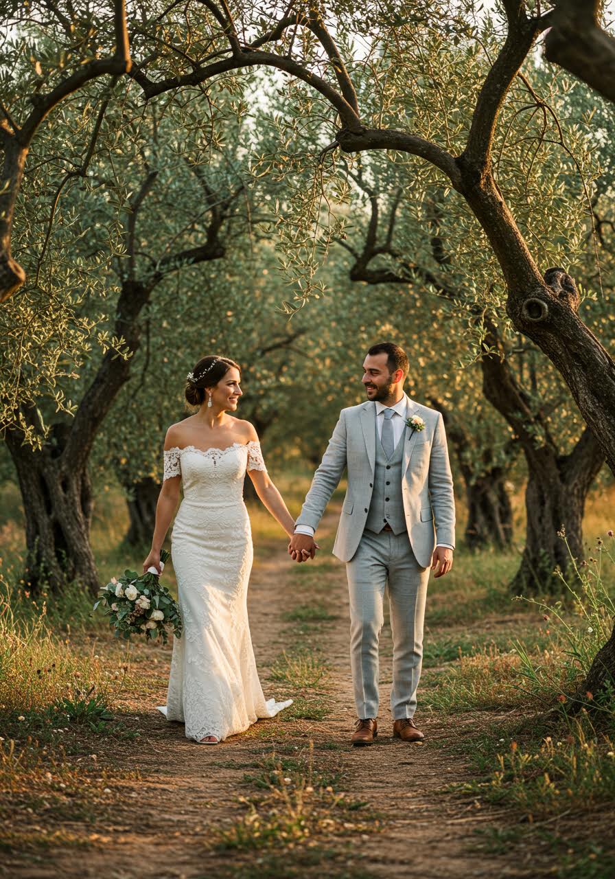 Bride in lace gown walking with groom through sun-dappled Italian olive grove
