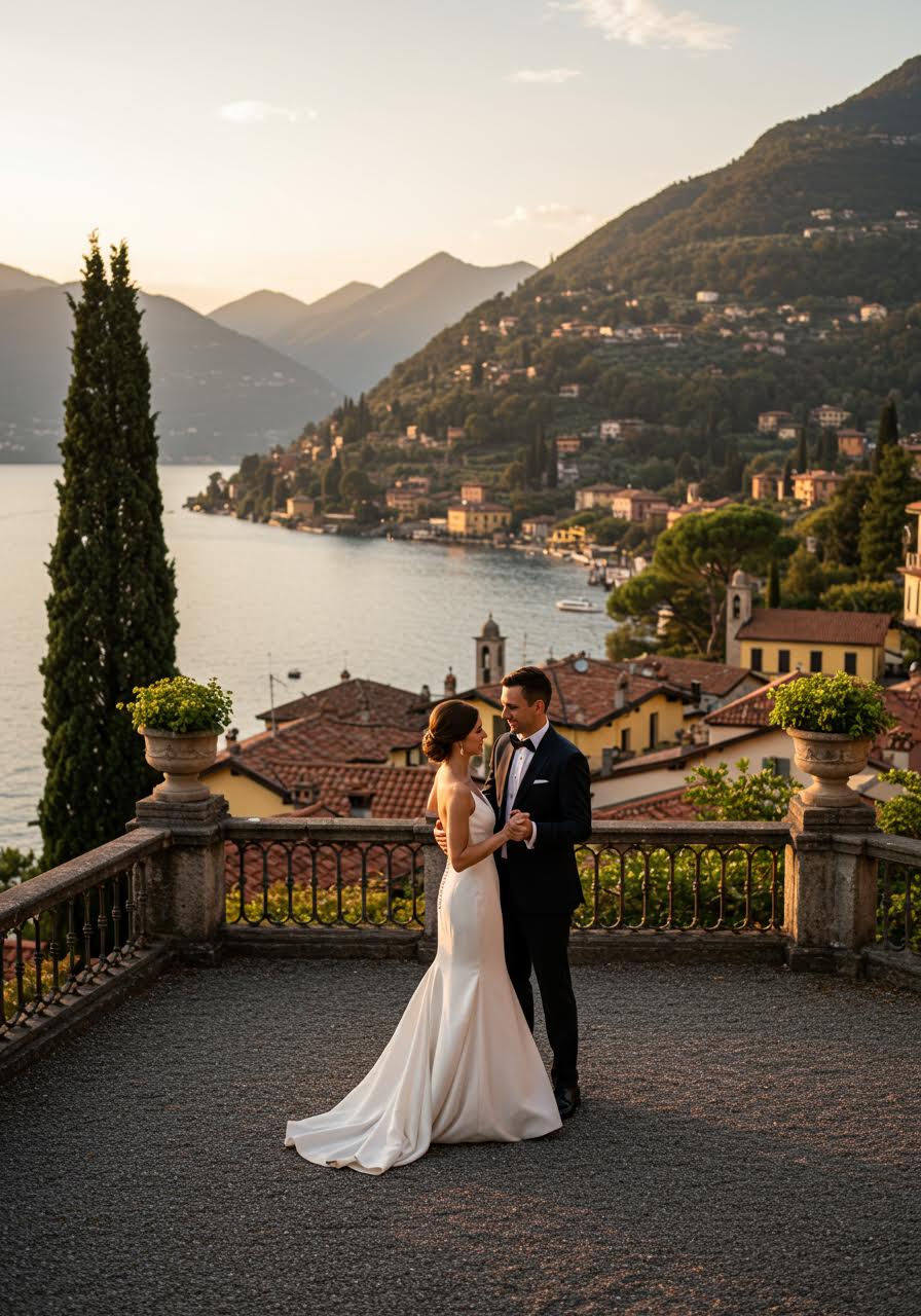 Newlyweds dancing on stone terrace overlooking Lake Como with mountain villas in background