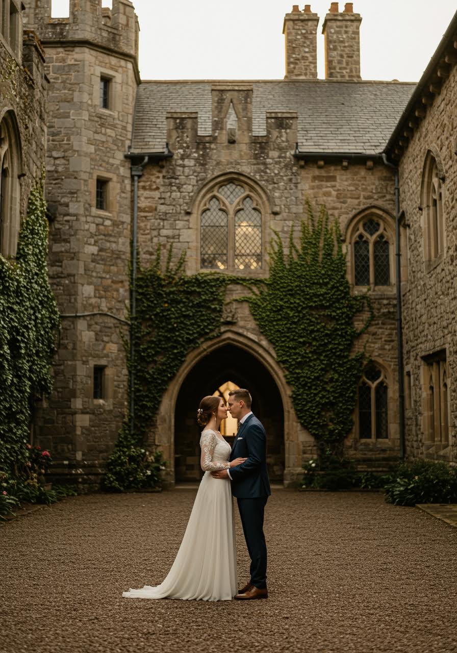Couple sharing intimate moment in medieval castle courtyard with ancient stone walls and archways