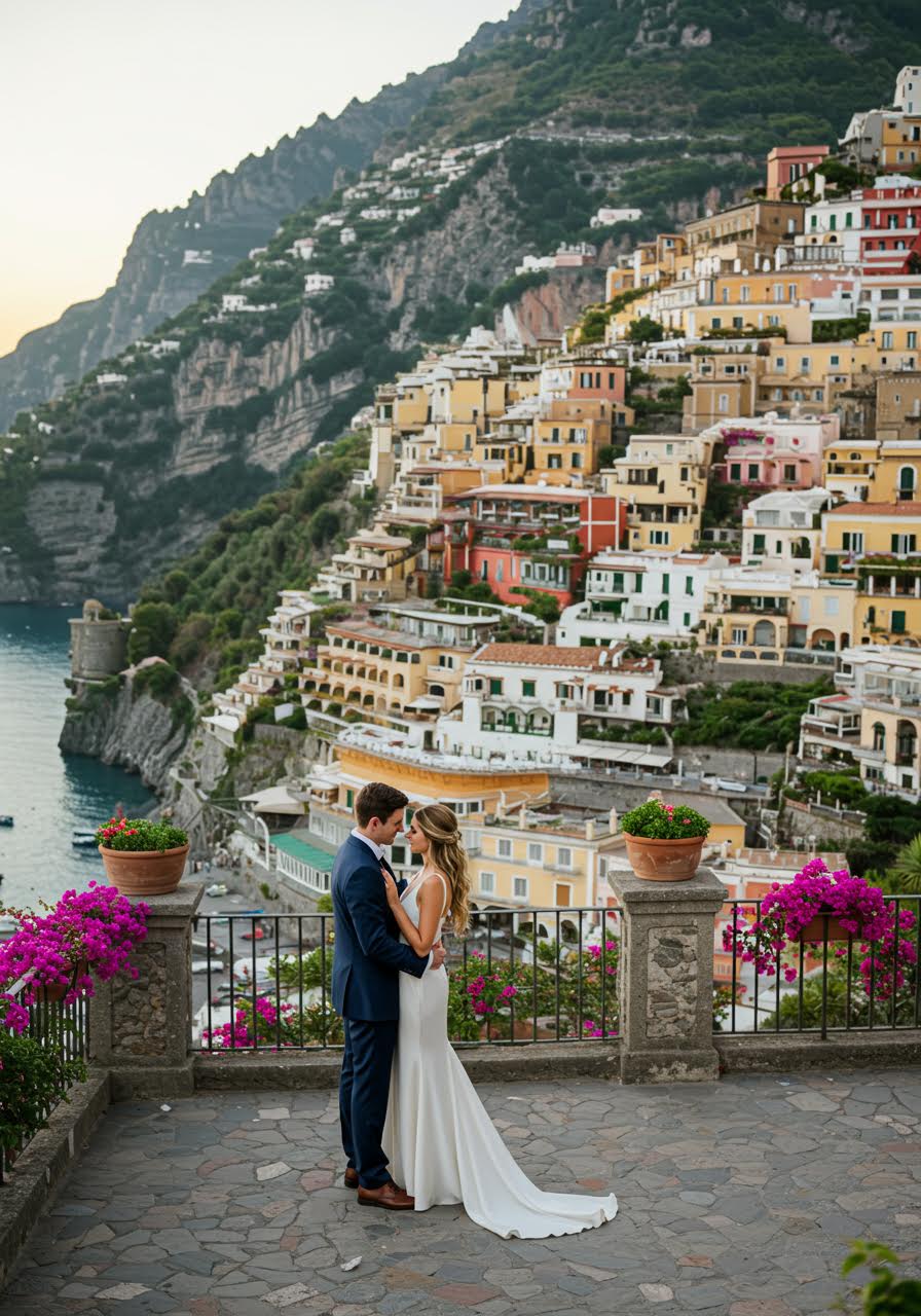 Couple embracing on stone terrace with Positano's colorful cliffside houses cascading down mountainside