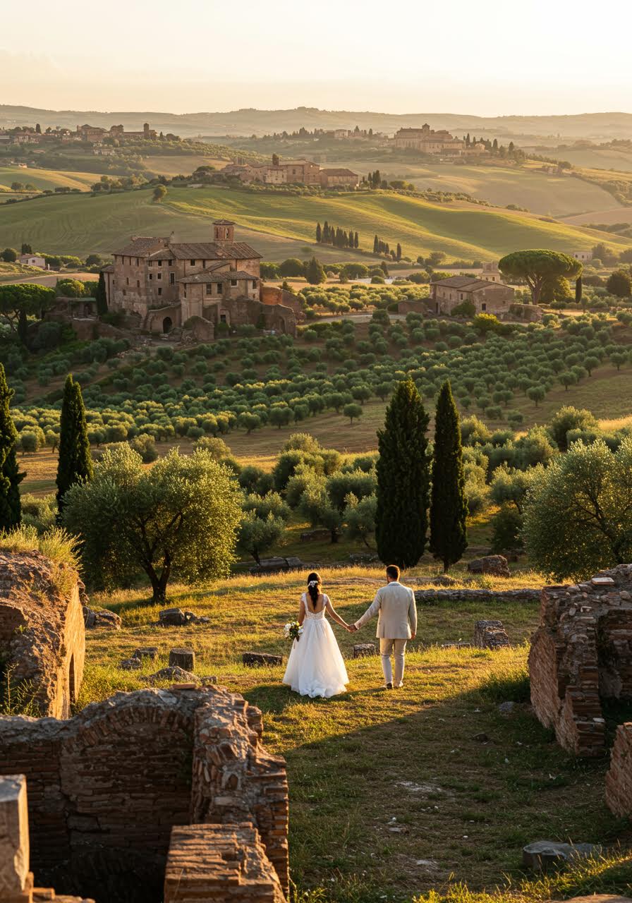 Couple walking hand-in-hand through olive groves with ancient stone ruins in Roman countryside