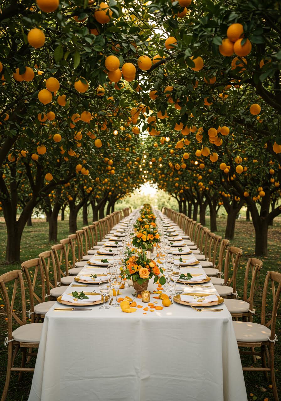Elegant tablescape with white linens and golden chargers beneath lemon and orange grove canopy in Sicily