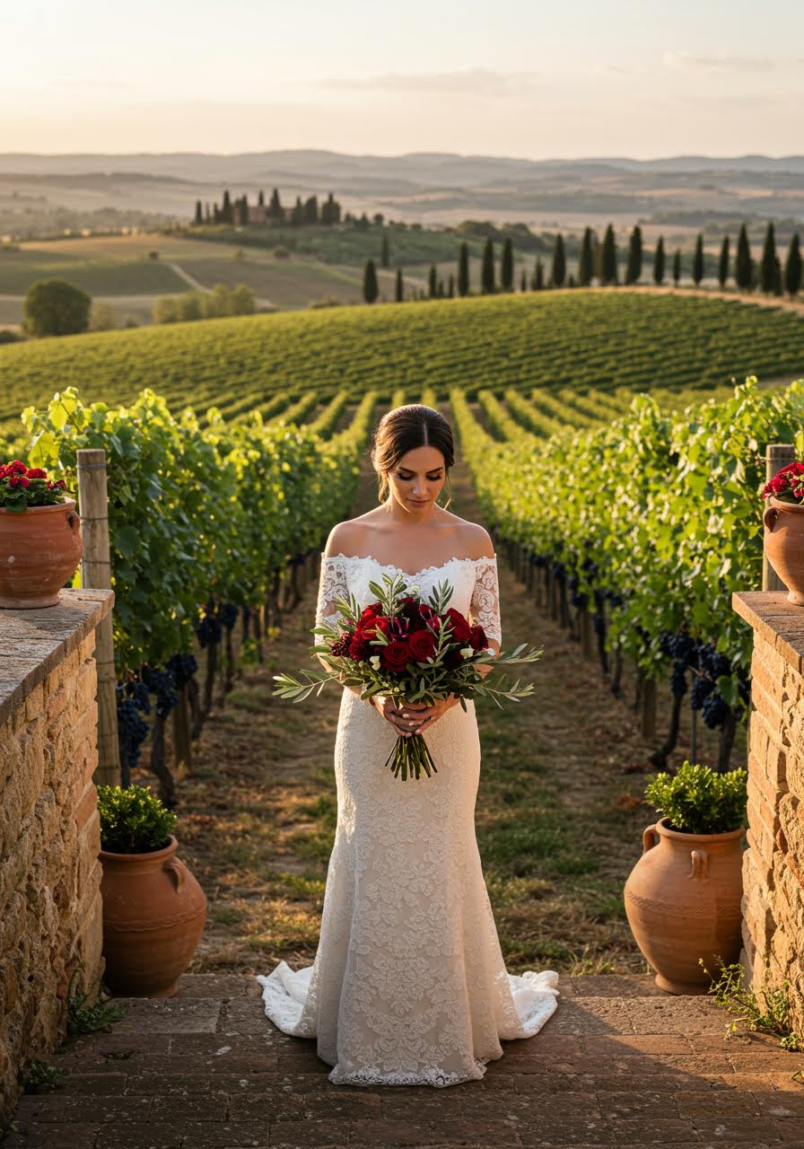 Bride in off-shoulder lace gown with red roses and olive branches on Chianti vineyard terrace