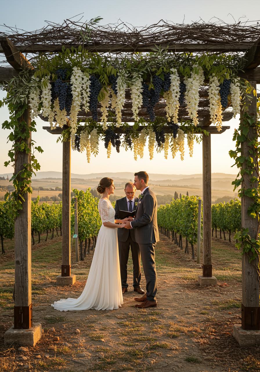 Bride and groom exchanging vows under rustic wooden pergola with white wisteria and olive branches in Tuscan vineyard during golden hour