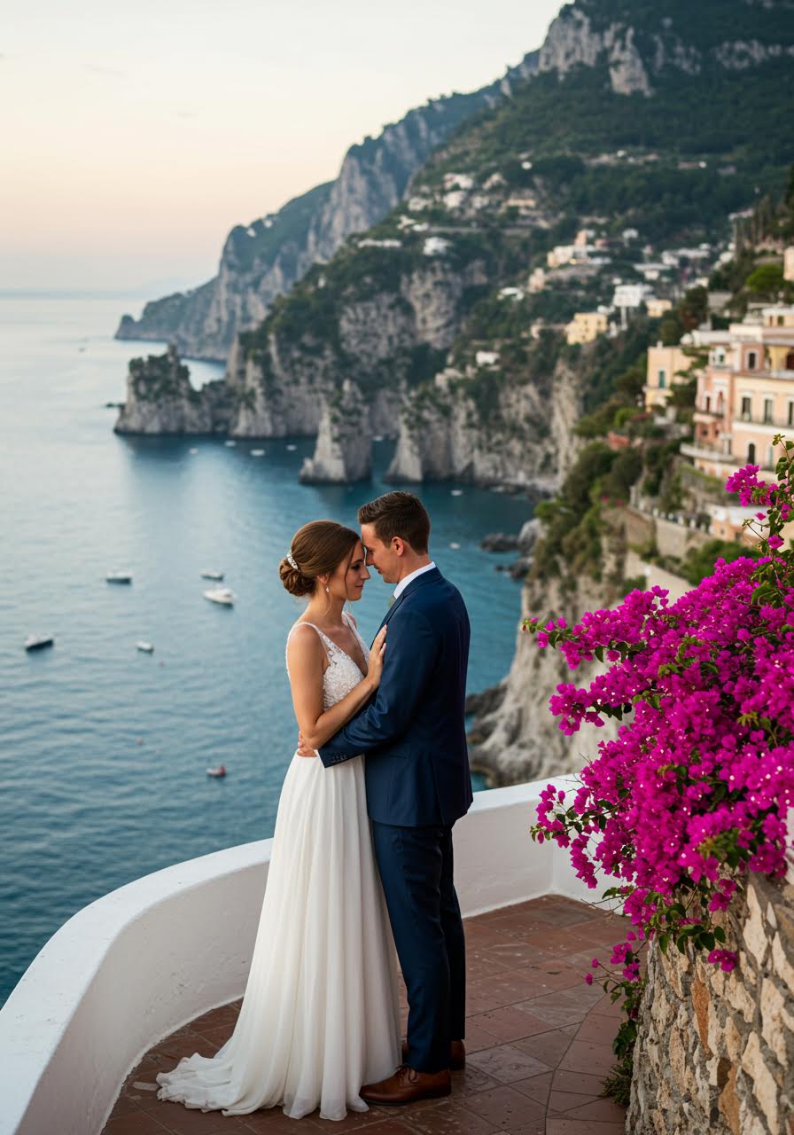 Couple on cliff-side terrace overlooking Capri's azure waters and iconic Faraglioni rock formations