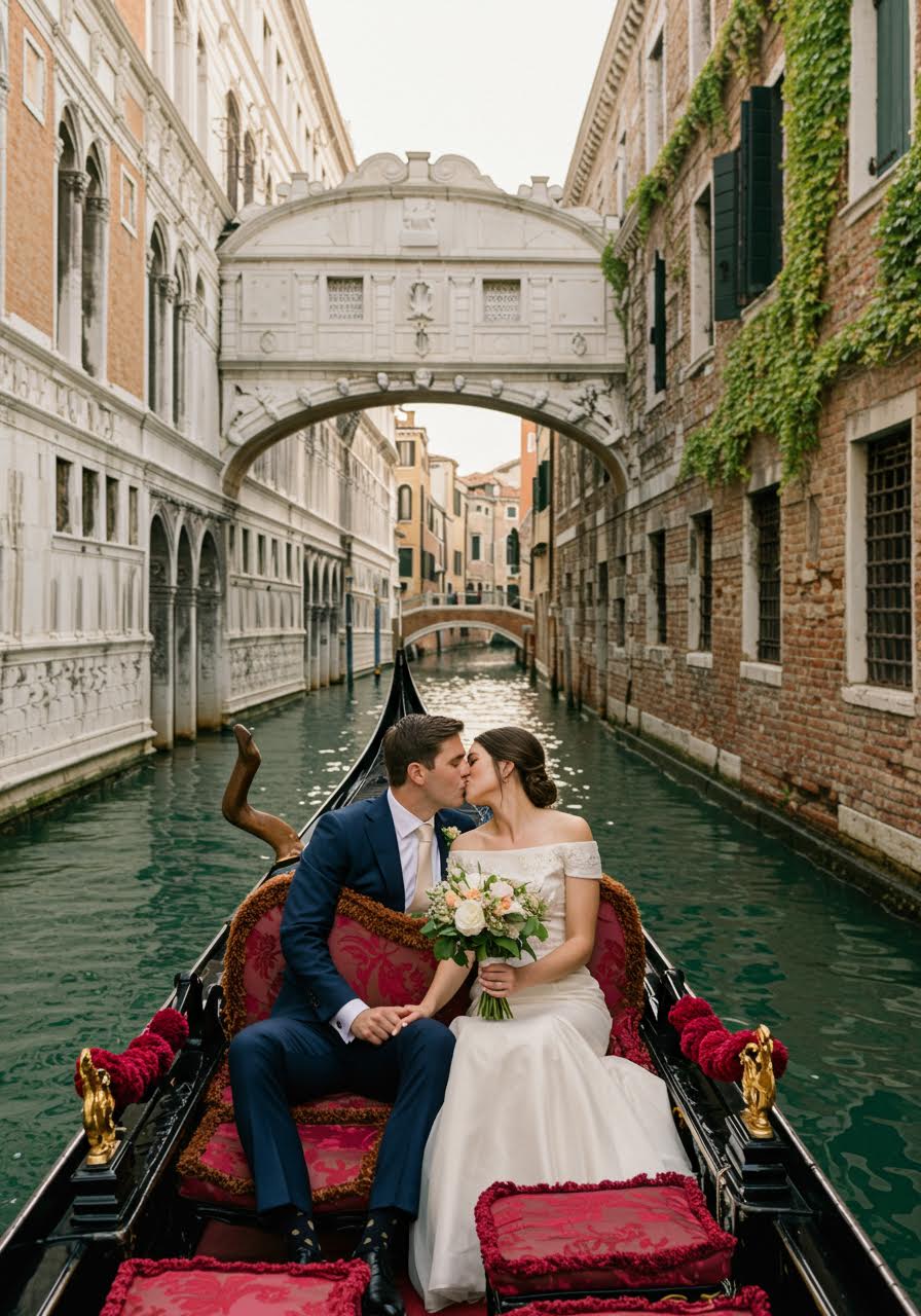 Couple sharing intimate kiss in traditional Venetian gondola floating beneath historic stone bridge