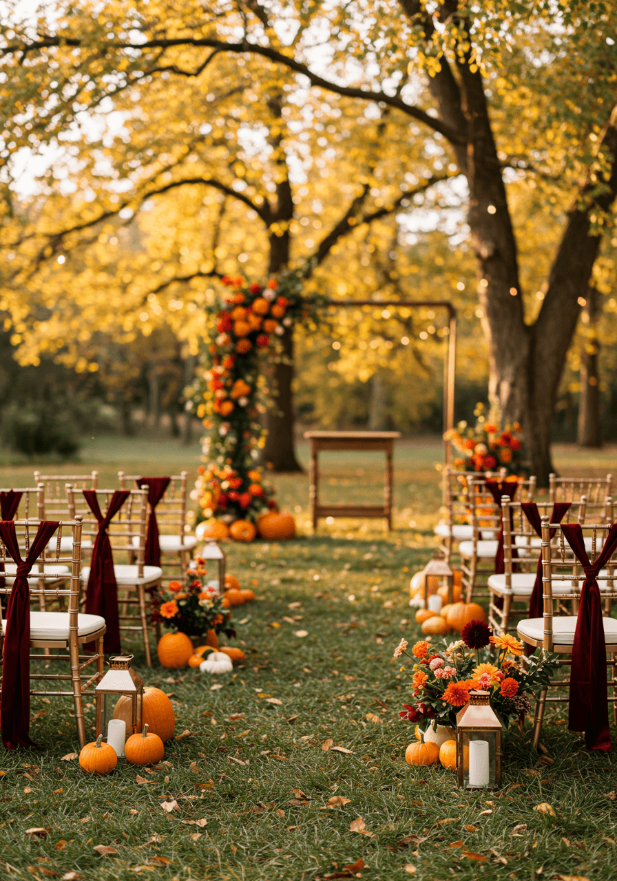 Beautiful autumn garden wedding ceremony with rose gold chiavari chairs and burgundy ribbon details surrounded by golden foliage