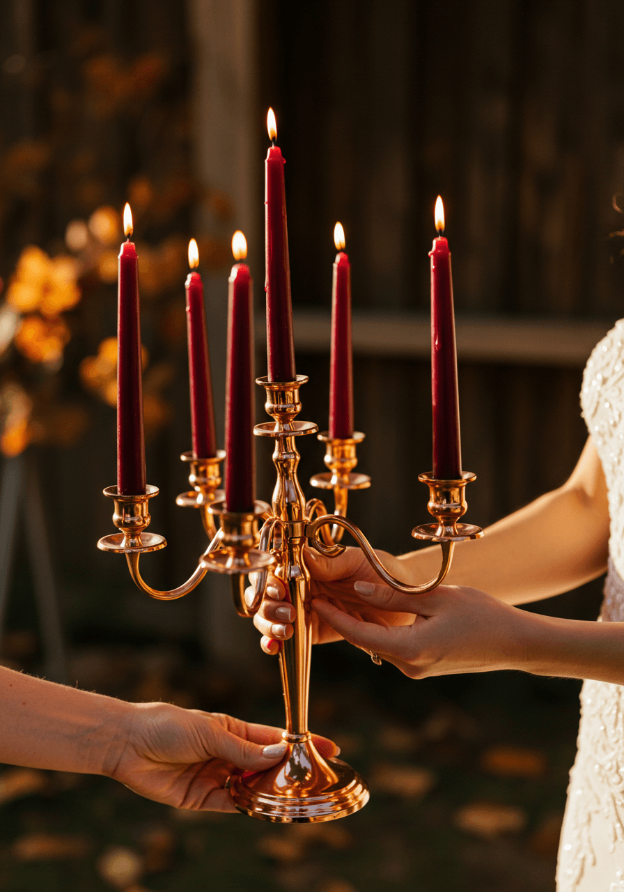 Elegant bride holding ornate rose gold candelabra with burgundy candles against autumn foliage backdrop